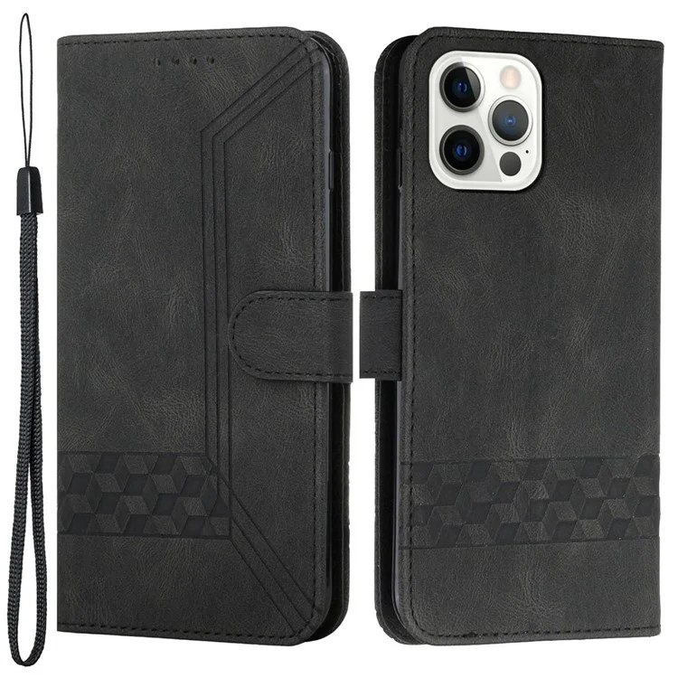 Para Iphone 14 Pro 6,1 Polegadas YX0010 Proteção Full Stand Stand PU PU Cover de Couro Rhombus Linhas de Telefone Impressas da Pele - Preto