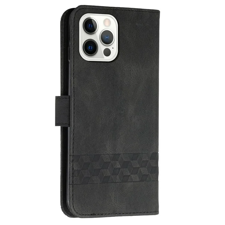 Para Iphone 14 Pro 6,1 Polegadas YX0010 Proteção Full Stand Stand PU PU Cover de Couro Rhombus Linhas de Telefone Impressas da Pele - Preto