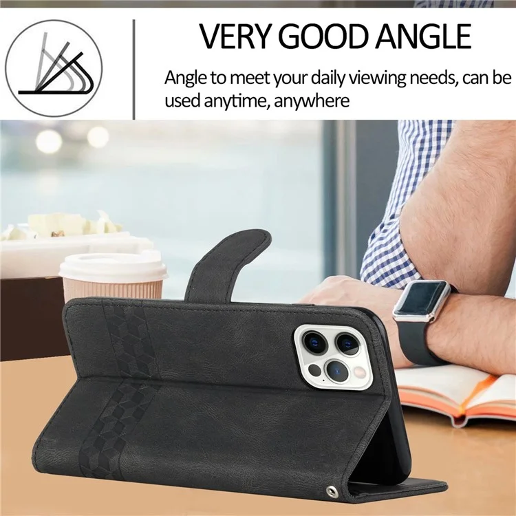 Para Iphone 14 Pro 6,1 Polegadas YX0010 Proteção Full Stand Stand PU PU Cover de Couro Rhombus Linhas de Telefone Impressas da Pele - Preto
