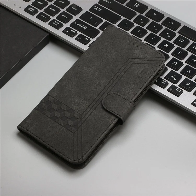 Para Iphone 14 6.1 Pulgadas YX0010 PU Líneas de Rombo de Cuero Imprimida Teléfono Case de Stand de Piel - Negro