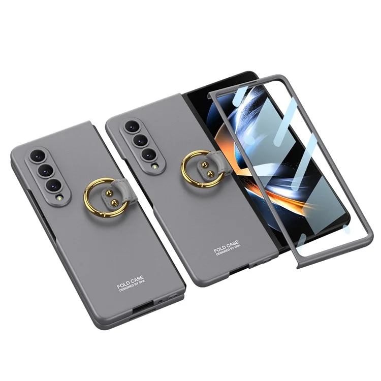 GKK Per Samsung Galaxy Z Fold4 5G Ultra Slim Hard PC Copertura Metal Ring Case Con Protezione a Schermo di Vetro Temperato - Grigio
