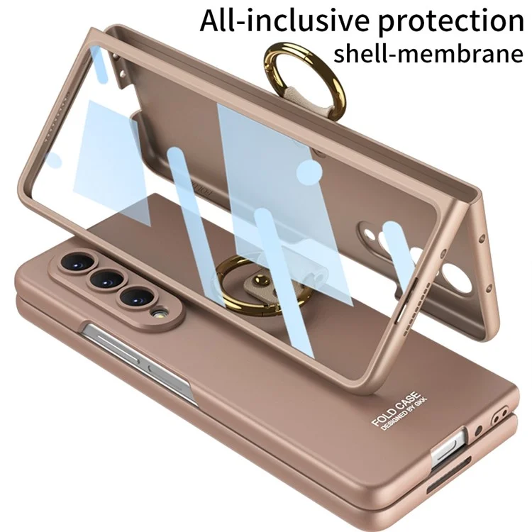 GKK Per Samsung Galaxy Z Fold4 5G Ultra Slim Hard PC Copertura Metal Ring Case Con Protezione a Schermo di Vetro Temperato - Grigio