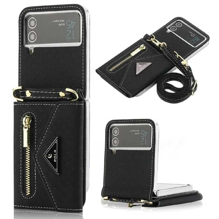 POLA 0819 Phone Case for Samsung Galaxy Z Flip4 5G, Zipper Pocket PU Leather Kickstand Multiple Card Slots Wallet Cover with Shoulder Strap - Black