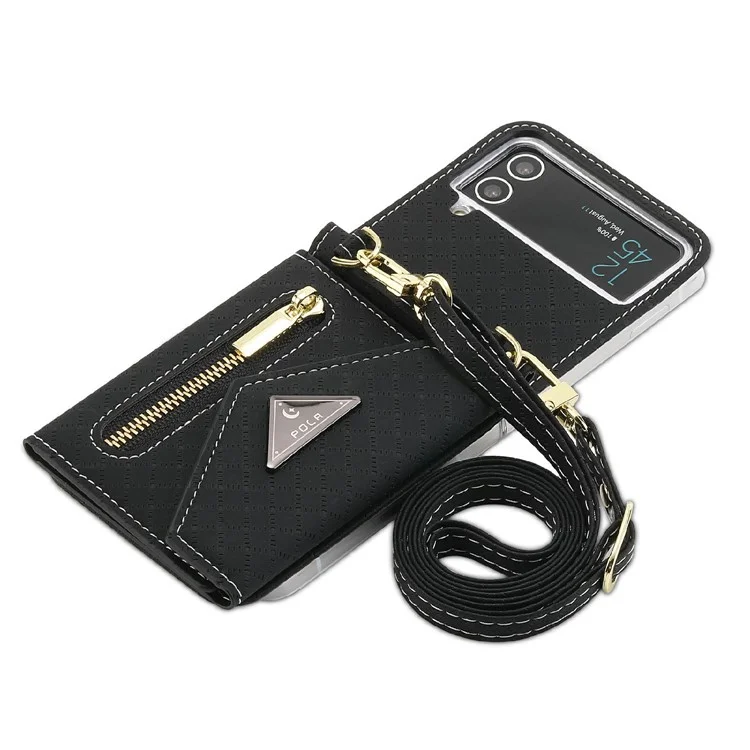 POLA 0819 Phone Case for Samsung Galaxy Z Flip4 5G, Zipper Pocket PU Leather Kickstand Multiple Card Slots Wallet Cover with Shoulder Strap - Black