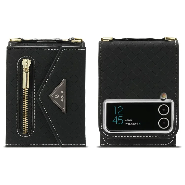 POLA 0819 Phone Case for Samsung Galaxy Z Flip4 5G, Zipper Pocket PU Leather Kickstand Multiple Card Slots Wallet Cover with Shoulder Strap - Black