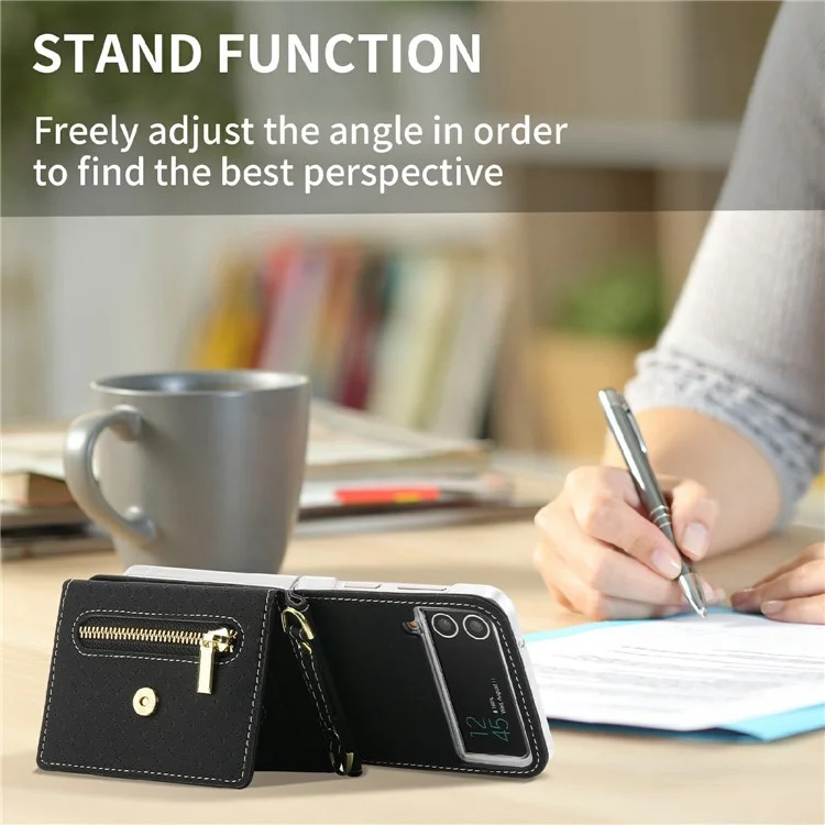POLA 0819 Phone Case for Samsung Galaxy Z Flip4 5G, Zipper Pocket PU Leather Kickstand Multiple Card Slots Wallet Cover with Shoulder Strap - Black