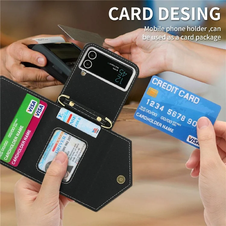 POLA 0819 Phone Case for Samsung Galaxy Z Flip4 5G, Zipper Pocket PU Leather Kickstand Multiple Card Slots Wallet Cover with Shoulder Strap - Black