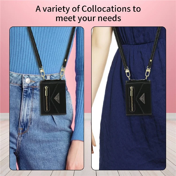 POLA 0819 Phone Case for Samsung Galaxy Z Flip4 5G, Zipper Pocket PU Leather Kickstand Multiple Card Slots Wallet Cover with Shoulder Strap - Black