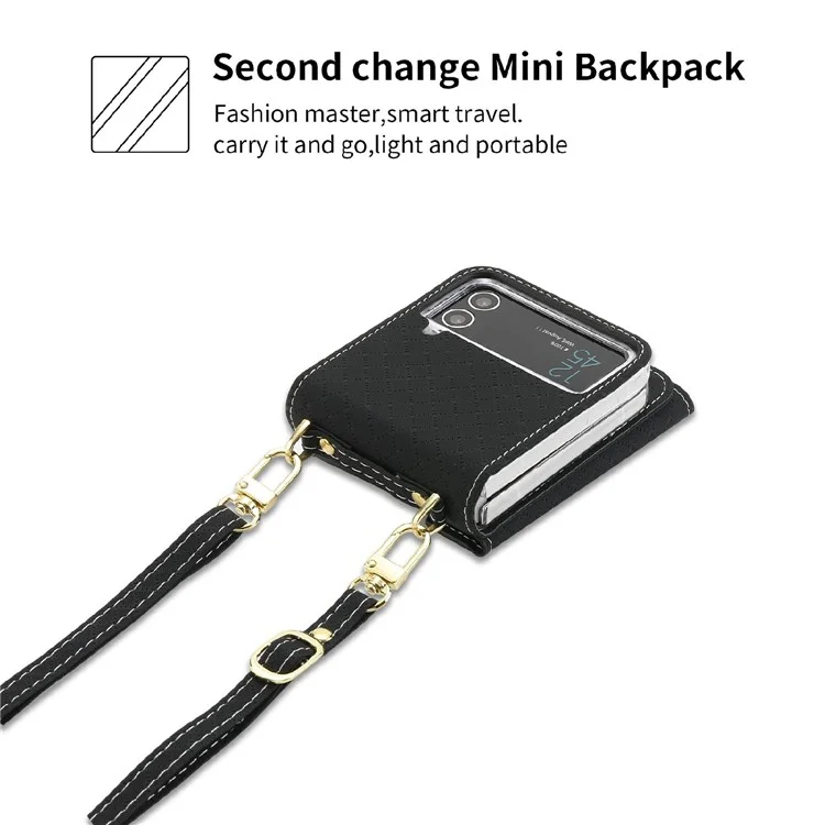 POLA 0819 Phone Case for Samsung Galaxy Z Flip4 5G, Zipper Pocket PU Leather Kickstand Multiple Card Slots Wallet Cover with Shoulder Strap - Black