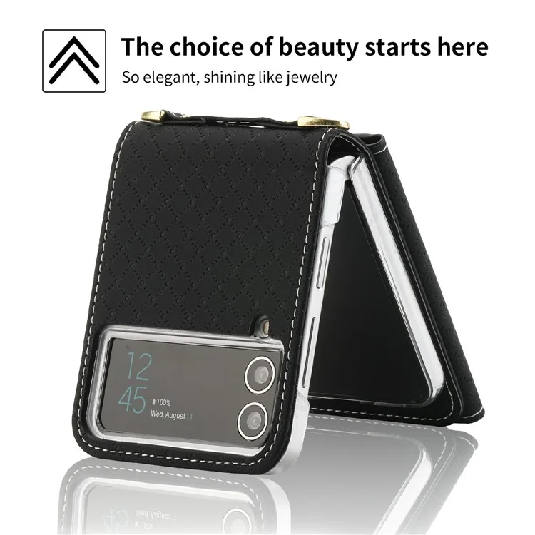 POLA 0819 Phone Case for Samsung Galaxy Z Flip4 5G, Zipper Pocket PU Leather Kickstand Multiple Card Slots Wallet Cover with Shoulder Strap - Black