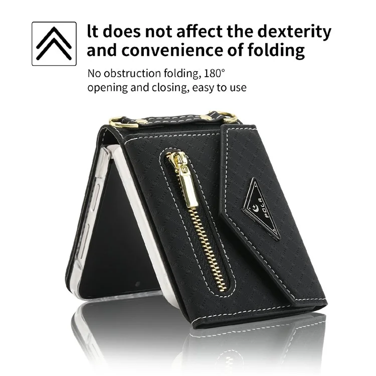 POLA 0819 Phone Case for Samsung Galaxy Z Flip4 5G, Zipper Pocket PU Leather Kickstand Multiple Card Slots Wallet Cover with Shoulder Strap - Black