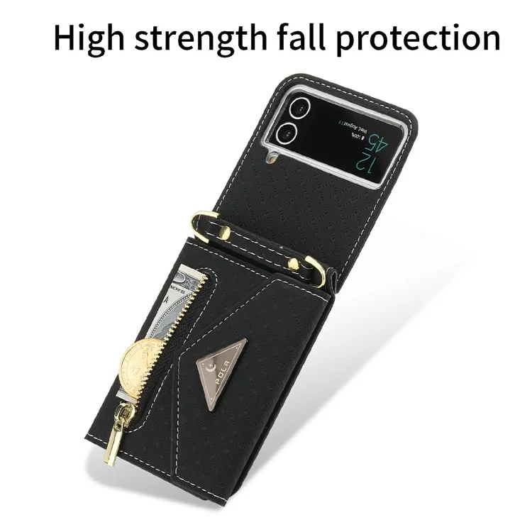 POLA 0819 Phone Case for Samsung Galaxy Z Flip4 5G, Zipper Pocket PU Leather Kickstand Multiple Card Slots Wallet Cover with Shoulder Strap - Black