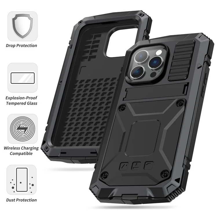 R-JUST Anti-scratch Back Cover for iPhone 14 Pro 6.1 inch Shockproof Hybrid Phone Case Kickstand with Screen Protector - Black