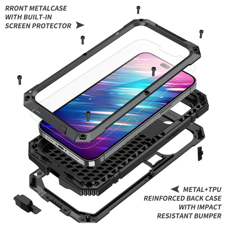 R-JUST Anti-scratch Back Cover for iPhone 14 Pro 6.1 inch Shockproof Hybrid Phone Case Kickstand with Screen Protector - Black