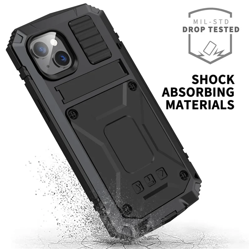 R-JUST para iPhone 14 6.1 polegadas Capa de telefone híbrida à prova de choque Capa de proteção traseira com suporte e protetor de tela - Preto