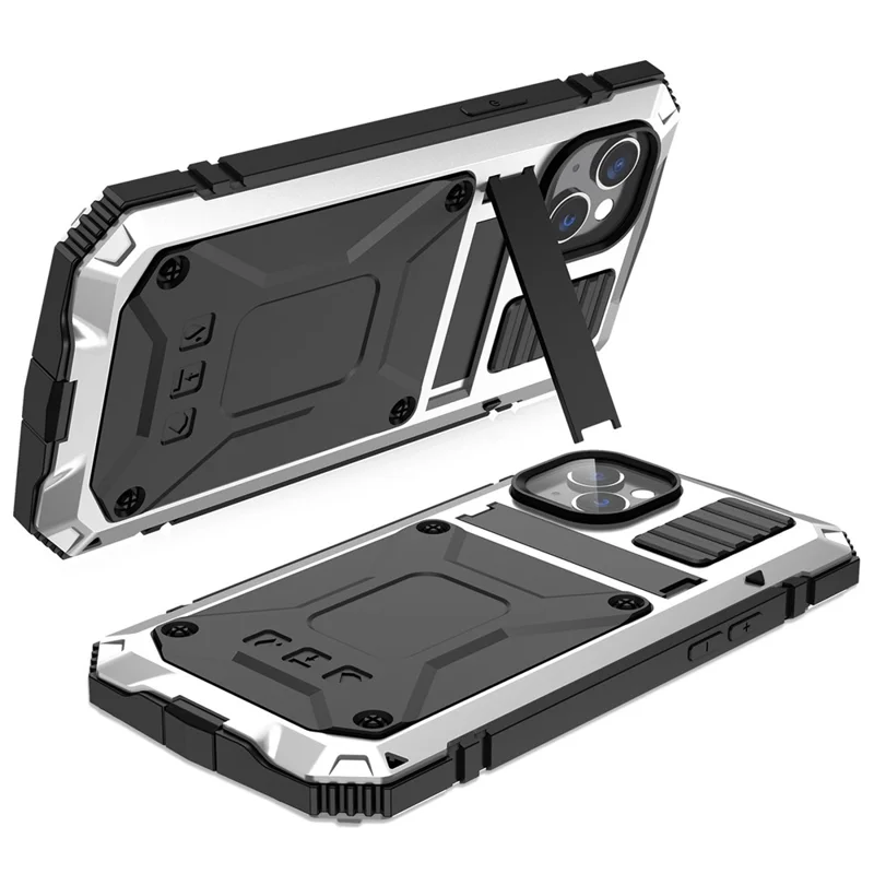 R-JUST for iPhone 14 6.1 inch Shockproof Hybrid Phone Case Protective Back Cover Kickstand with Screen Protector - Silver