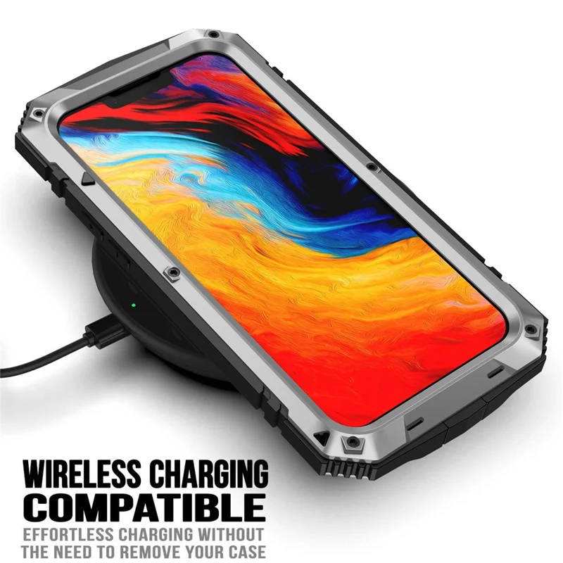 R-JUST for iPhone 14 6.1 inch Shockproof Hybrid Phone Case Protective Back Cover Kickstand with Screen Protector - Silver