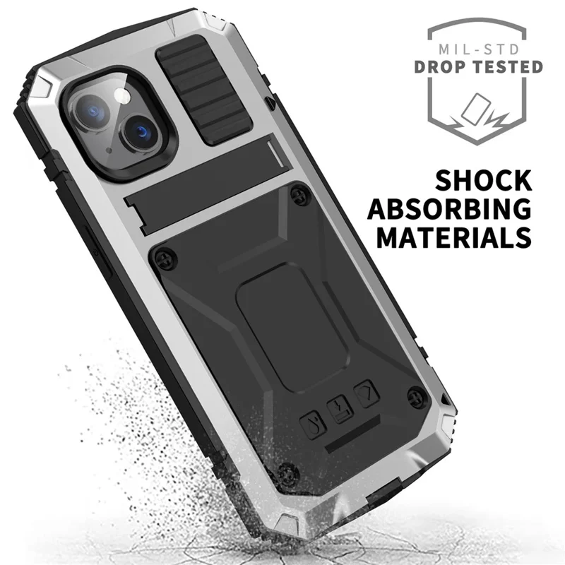 R-JUST for iPhone 14 6.1 inch Shockproof Hybrid Phone Case Protective Back Cover Kickstand with Screen Protector - Silver