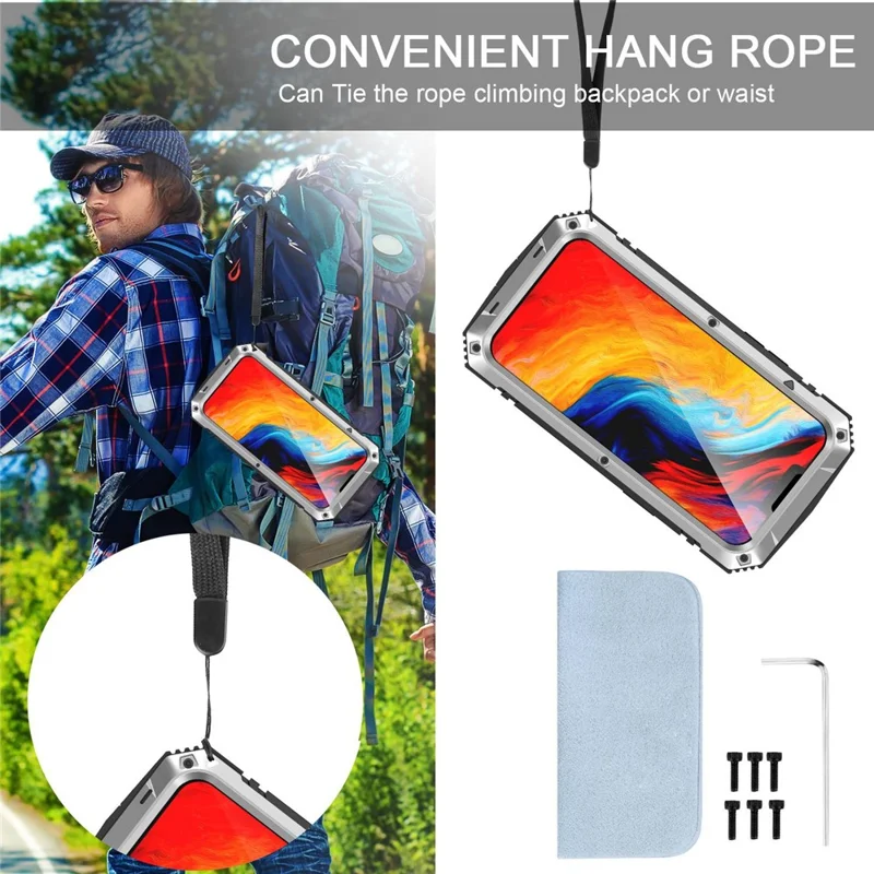 R-JUST for iPhone 14 6.1 inch Shockproof Hybrid Phone Case Protective Back Cover Kickstand with Screen Protector - Silver