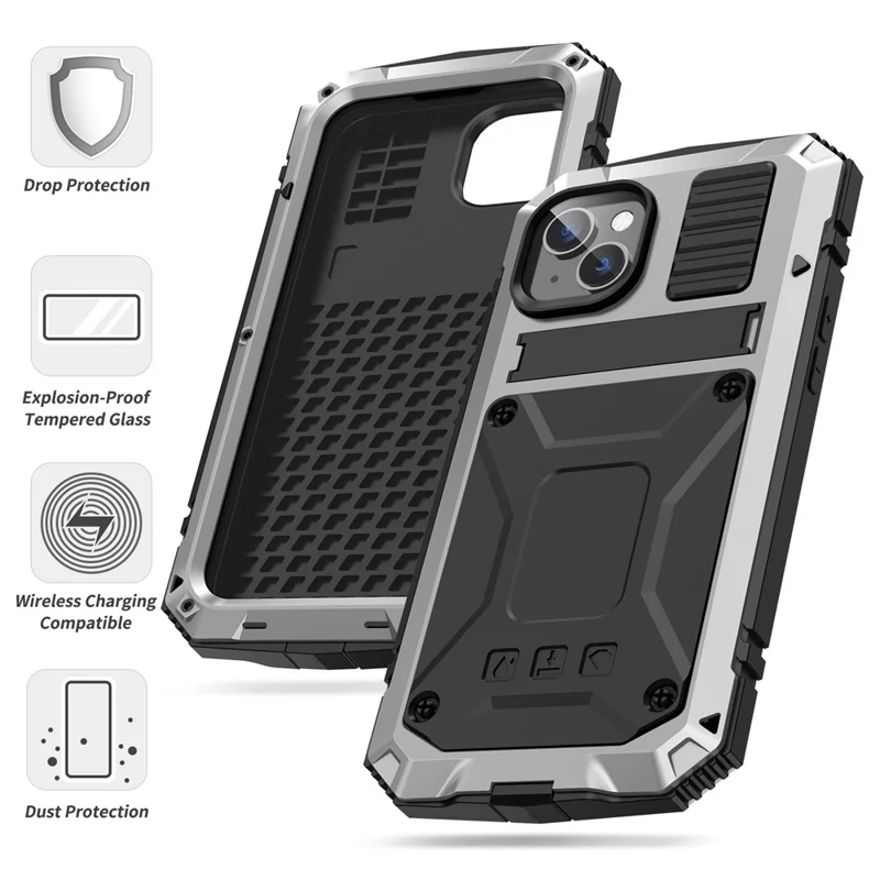 R-JUST for iPhone 14 6.1 inch Shockproof Hybrid Phone Case Protective Back Cover Kickstand with Screen Protector - Silver