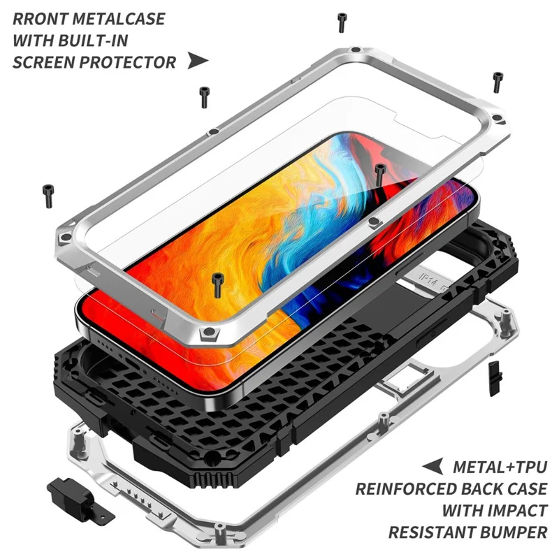 R-JUST for iPhone 14 6.1 inch Shockproof Hybrid Phone Case Protective Back Cover Kickstand with Screen Protector - Silver