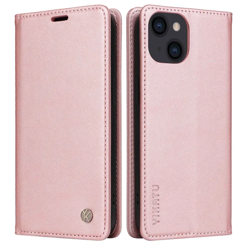 YIKATU Phone Cover For iPhone 14 Plus, YK- 001 Anti-scratch Phone Case Magnetic Auto-absorbed PU Leather Flip Wallet Stand - Rose Gold