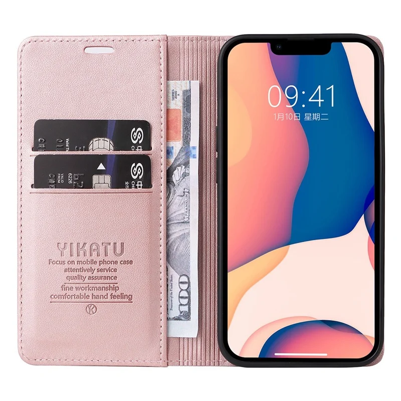 YIKATU Phone Cover For iPhone 14 Plus, YK- 001 Anti-scratch Phone Case Magnetic Auto-absorbed PU Leather Flip Wallet Stand - Rose Gold