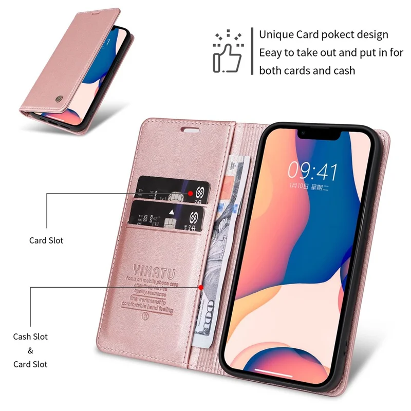 YIKATU Phone Cover For iPhone 14 Plus, YK- 001 Anti-scratch Phone Case Magnetic Auto-absorbed PU Leather Flip Wallet Stand - Rose Gold
