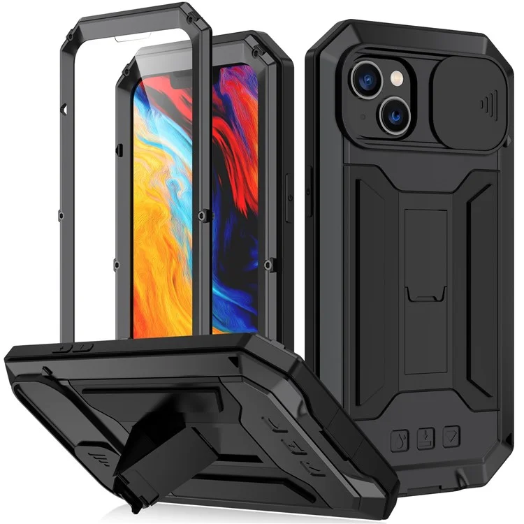 R-just Для Iphone 14 Max 6,7-дюймовый Слайд-камеры Крышка Камеры Kickstend Design Case Case Silicone + Metal + Membered Glass Ecrem - Черный