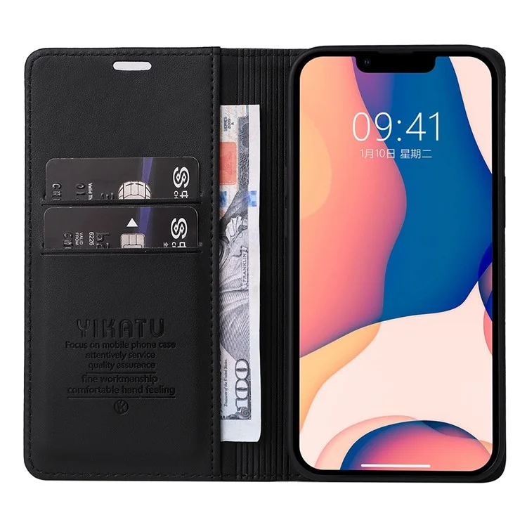 YIKATU Funda Protectora a Prueba de Golpes para iPhone 14 6.1 pulgadas, Funda Billetera de Cuero PU YK-001 con Soporte Magnético de Cierre Automático - Negro