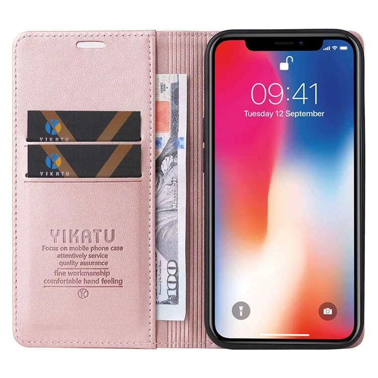 YIKATU Pour iPhone X / XS 5,8 pouces YK-001 Étui Portefeuille Téléphone Couverture de Protection Complète Magnétique Auto-absorbé Étui en Cuir PU Flip Stand - Or Rose