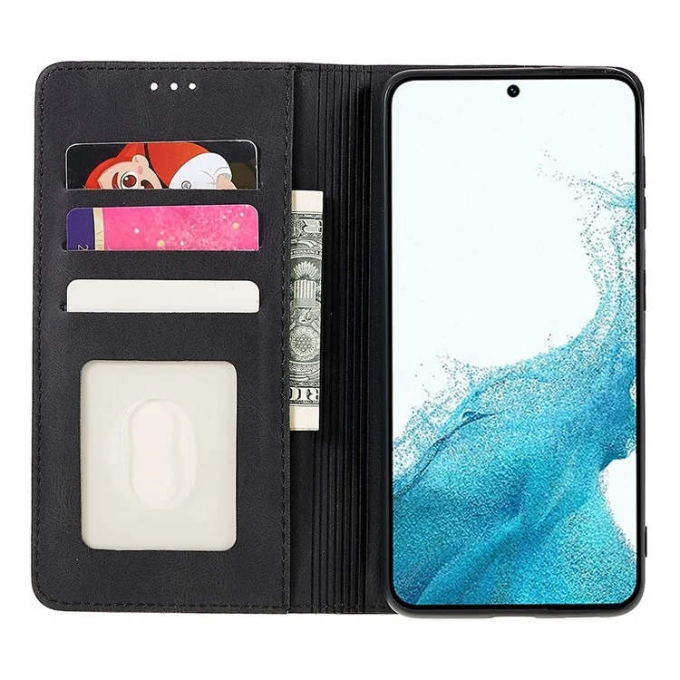 Strong Magnetic Adsorption Phone Case for Samsung Galaxy S22 5G, Stand Wallet Phone Cover Anti-scratch PU Leather Phone Shell - Black