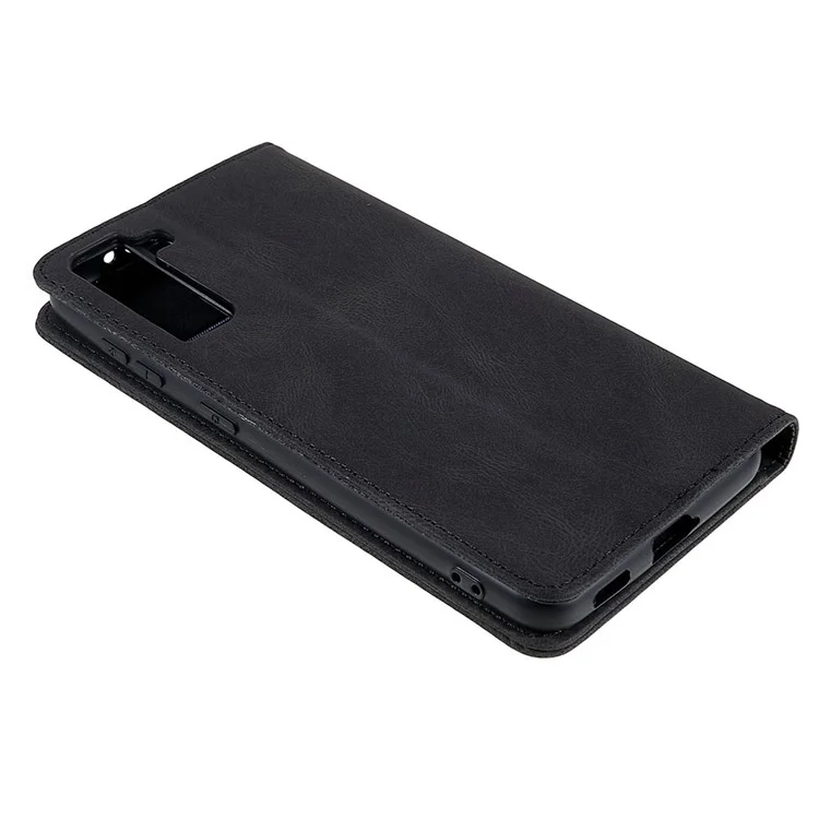 Strong Magnetic Adsorption Phone Case for Samsung Galaxy S22 5G, Stand Wallet Phone Cover Anti-scratch PU Leather Phone Shell - Black