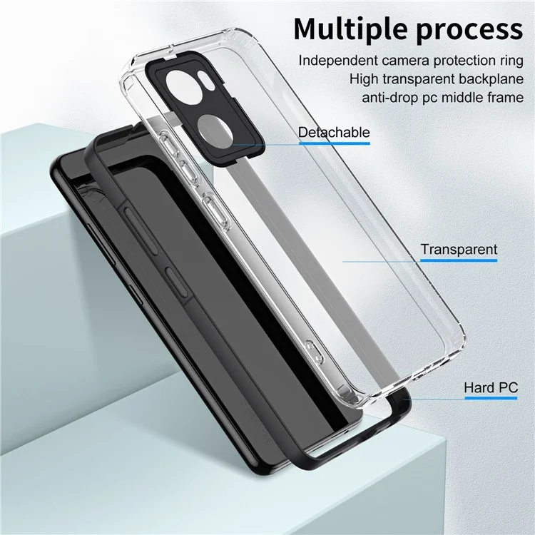 Per Oppo A77 5G / A57 (2022) 5G 3-in-1 Non Slip Telefono TPU Backplate + Frame PC + PC Protezione Della Fotocamera PC Copertina Trasparente - Nero