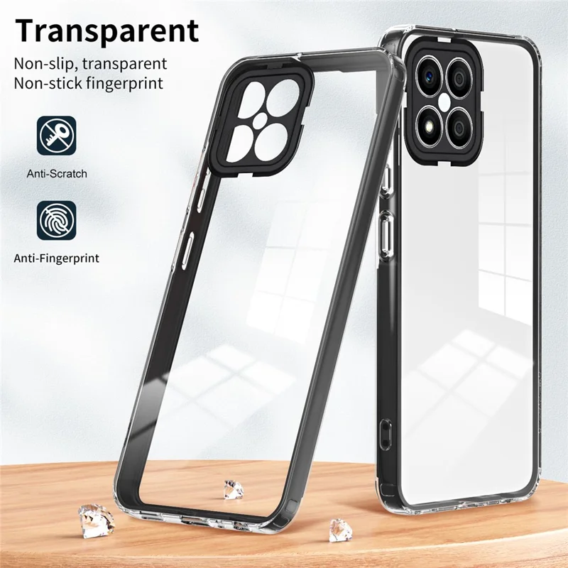 For Honor X8 4G 4G 3-in-1 Ultra Slim Transparent Phone Cover TPU Backplate + PC Frame + PC Camera Protection Drop-proof Phone Case - Black