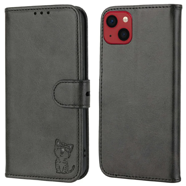 Happy Cat Pattern Imprinted Phone Case für iPhone 14 6.1 Zoll, Vollschutz PU-Leder-Cover mit Brieftasche und Ständer - Schwarz