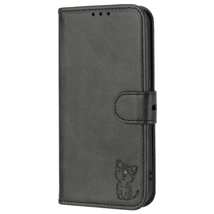Happy Cat Pattern Imprinted Phone Case für iPhone 14 6.1 Zoll, Vollschutz PU-Leder-Cover mit Brieftasche und Ständer - Schwarz