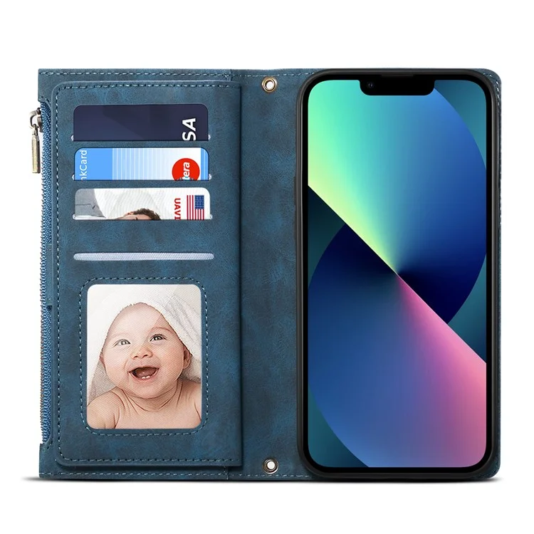 Star Series For iPhone 14 6.1 inch Phone Wallet Cover Multi-functional Zipper Pocket Shockproof Cell Phone Case - Blue
