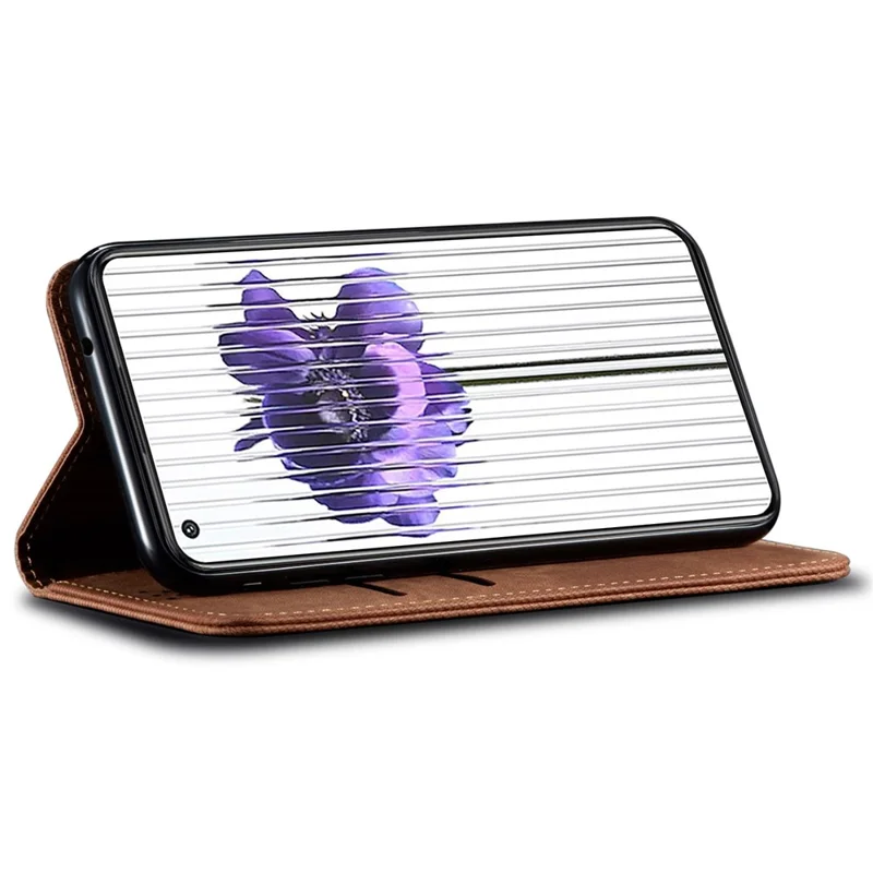 For Nothing phone (1) 5G Jeans Cloth Texture PU Leather Stand Case Magnetic Auto-Closing Full Protection Phone Wallet Shell - Coffee