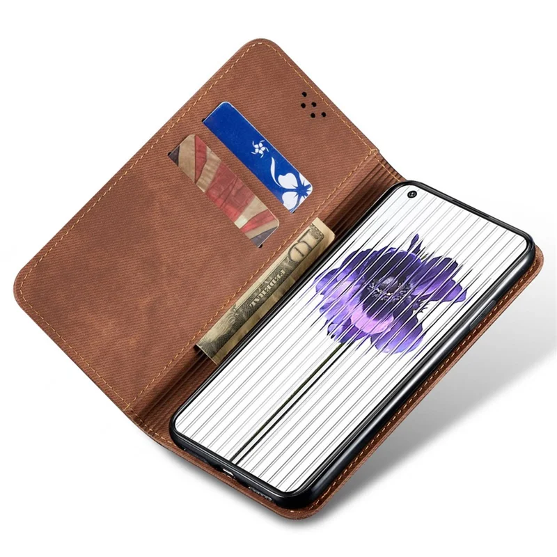 For Nothing phone (1) 5G Jeans Cloth Texture PU Leather Stand Case Magnetic Auto-Closing Full Protection Phone Wallet Shell - Coffee