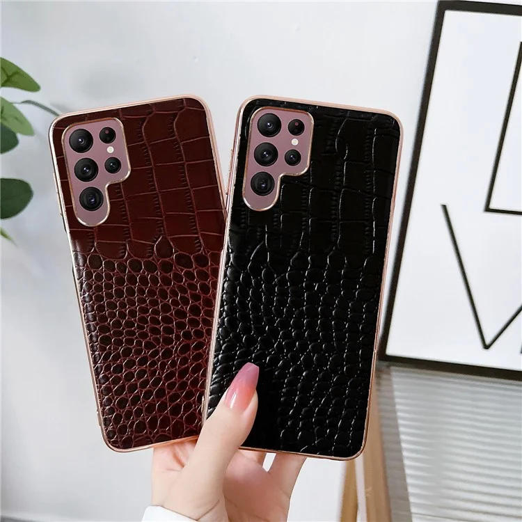 Для Samsung Galaxy S22 Ultra 5G Gold Crocodile Series Cash Case Подлинный Кожаный Кожа TPU+PC Phone Cover - Кофе