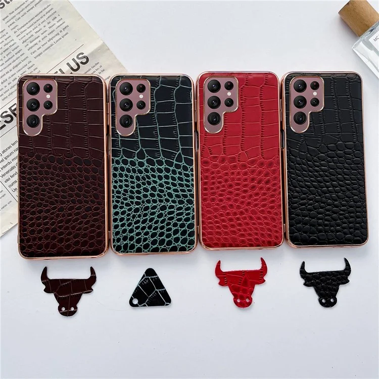 Для Samsung Galaxy S22 Ultra 5G Gold Crocodile Series Cash Case Подлинный Кожаный Кожа TPU+PC Phone Cover - Кофе