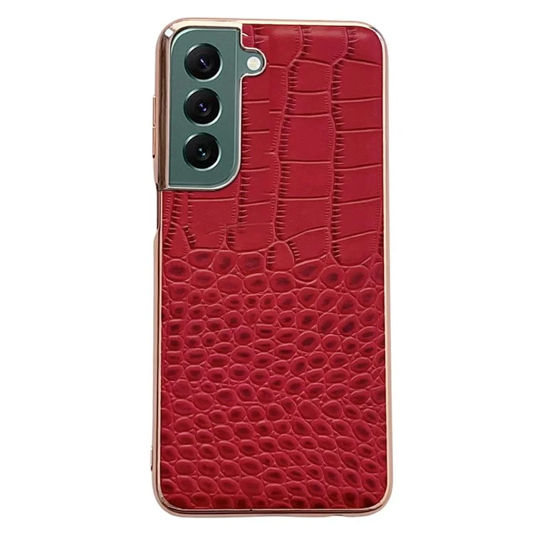 Gold Crocodile Series Anti-dust Phone Case for Samsung Galaxy S22+ 5G, Genuine Cowhide Leather Hybrid Phone Cover - Red