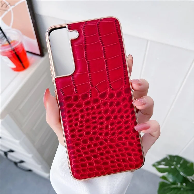 Gold Crocodile Series Anti-dust Phone Case for Samsung Galaxy S22+ 5G, Genuine Cowhide Leather Hybrid Phone Cover - Red