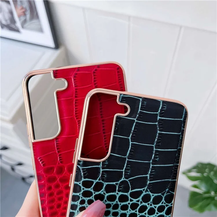 Gold Crocodile Series Anti-dust Phone Case for Samsung Galaxy S22+ 5G, Genuine Cowhide Leather Hybrid Phone Cover - Red