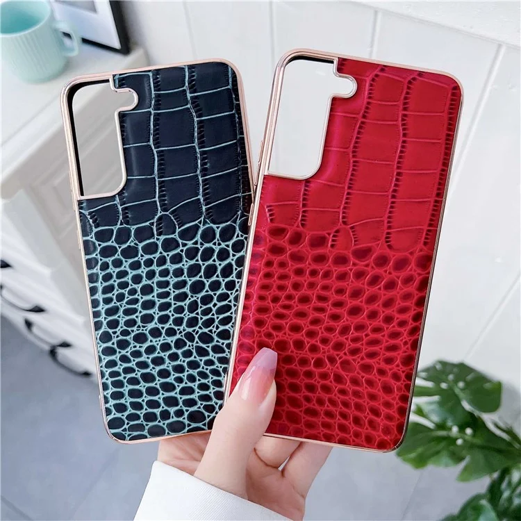Gold Crocodile Series Anti-dust Phone Case for Samsung Galaxy S22+ 5G, Genuine Cowhide Leather Hybrid Phone Cover - Red
