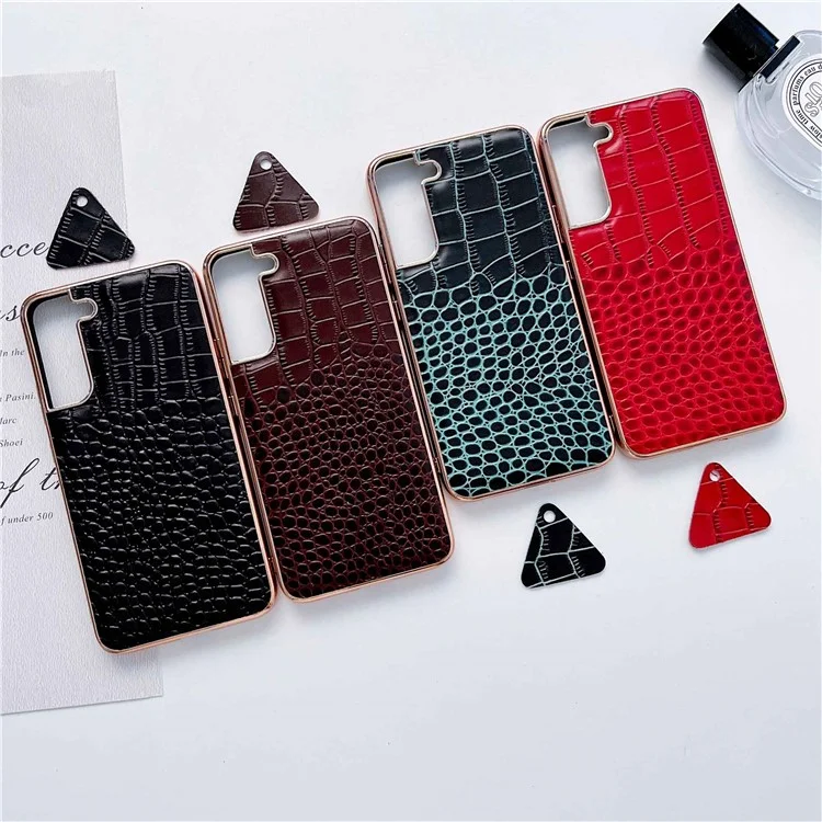 Gold Crocodile Series Anti-dust Phone Case for Samsung Galaxy S22+ 5G, Genuine Cowhide Leather Hybrid Phone Cover - Red