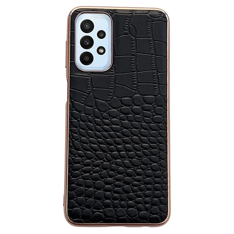 Gold Crocodile -serie Elektroplierendes Telefongehäuse Für Samsung Galaxy A13 4G, Echtes Cowhide -leder+tpu+pc Shell - Schwarz