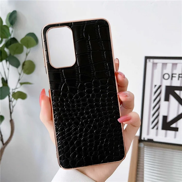Gold Crocodile -serie Elektroplierendes Telefongehäuse Für Samsung Galaxy A13 4G, Echtes Cowhide -leder+tpu+pc Shell - Schwarz