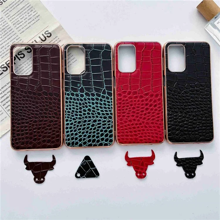 Gold Crocodile -serie Elektroplierendes Telefongehäuse Für Samsung Galaxy A13 4G, Echtes Cowhide -leder+tpu+pc Shell - Schwarz